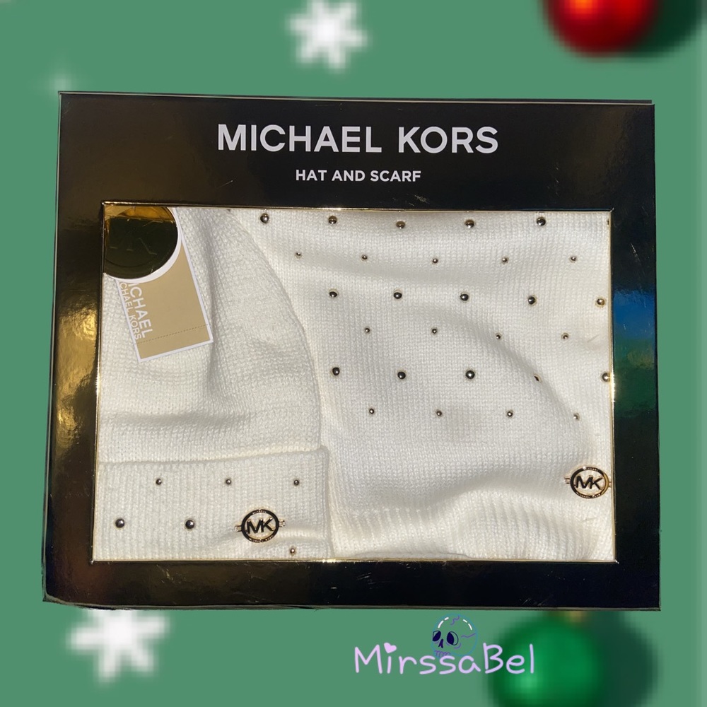 MICHAEL KORS WOMEN CLASSIC RIB SCARE HAT GIFT SET BROW /WHITE/BLACK /GOLD DOTS